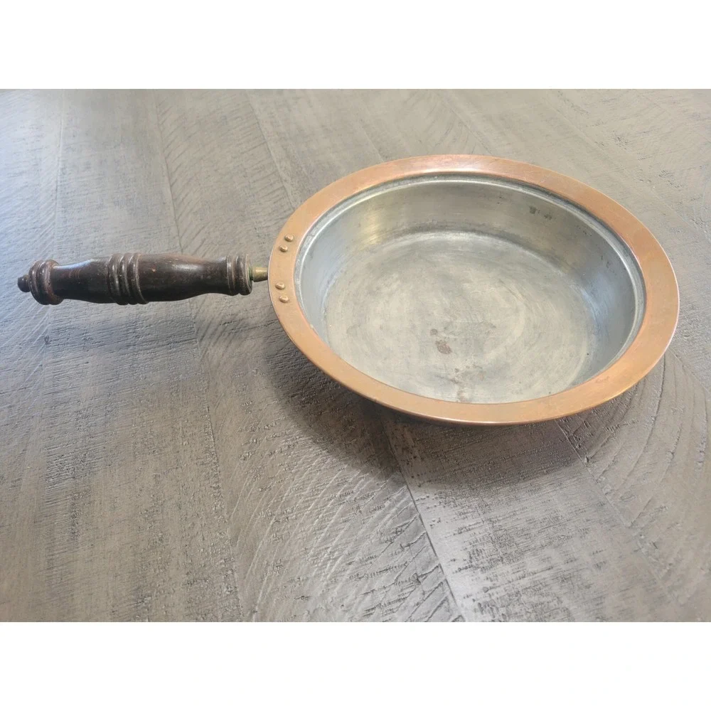 VINTAGE COPPER TIN Lined WOOD Handle COOKING Pan With Brass 9 1/2 Inch Diameter